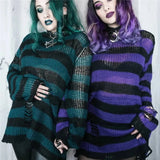 Gwmlk Gothic Long Unisex Sweater Summer Women Striped Cool Hollow Out Hole Broken Jumper Loose Rock Thin Dark Streetwear Top