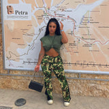 Gwmlk Women's Casual Camouflage Print Trousers Camo Cargo Zip Button Design Patchwork Flared Outdoor Jogger Pants with Pocket