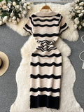 Gwmlk Short Sleeves Striped Long Dress Lapel Neck Hollow Out Slim Bodycon Sundress Fashion Hotsweet Knitted Beach Midi Dress