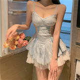 Gwmlk Lace Patchwork Blue Strap Dresses Summer New Slim Fit Dress for Women Y2k E-Girl High Waist Ruched Vestidos Mujer