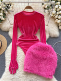 Gwmlk 2024 Autumn Long Sleeves Bodysuits 2024 Women O Neck Open Crotch Velvet Slim Playsuits+Plush Sexy Mini Skirt Suits