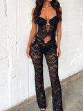 Gwmlk Black 2 Piece Sets See Through Lace Mesh Sleeveless Corset Top Flare Pant Sets 2024 Summer Outfits for Women