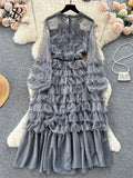 Gwmlk Autumn Sweet Cake Dress Transparent Belt 2024 O Neck French Bow Design Diamonds Mesh Gentle Temperament Long Dress