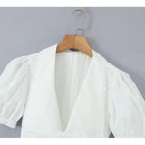 Gwmlk Summer Women Vintage Puff Sleeve Lapel Collar White Mini Dress Tie Bow Sashes Pleated Hem Female Cotton Robe