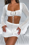 Gwmlk Women Sexy Crochet Knit 2 Piece Outfit Hollow Out Swimwear Bikini Cover Ups See Through Mini Bodycon Beach Sarongs Dress