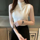 Gwmlk New Summer Korean Knit Elastic Fashion Half Turtleneck Ladies Tops Women Casual Clothes Sleeveless Solid Women Blouse