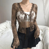 Gwmlk Sexy Lace See Through Cardigan Mujer V-neck Crop Top Slim Fit Tops Women Y2k E-Girl Long Sleeve All-match Shirts