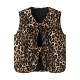 Gwmlk Vintage Leopard Print Lacing Up Bow Vest Women V Neck Sleeveless Tank Top Fashion Lady Office High Street Waistcoat