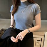 Gwmlk Summer Half Turtleneck Slim Knitted T-shirt Women Elegant Solid Short Sleeve Casual Versatile Pullover Casual Skinny Tops