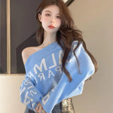 Gwmlk Lazy Letter Print Sweaters Mujer Autumn Slash Neck Knitted Tops Women Y2k E-Girl Long Sleeve Bottoming Pullovers