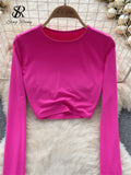 Gwmlk American Hotsweet Streetwear Y2K Tops Cropped O Neck Long sleeved Connecting Gloves Design Fashion Sexy Slim Blouse