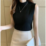 Gwmlk New Summer Korean Knit Elastic Fashion Half Turtleneck Ladies Tops Women Casual Clothes Sleeveless Solid Women Blouse