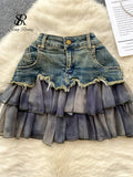 Gwmlk Fashion Sexy Mini Skirt Women Chiffon Ruffled Edge Patchwork Denim Skirts American Vintage A Line Hotsweet Skirt