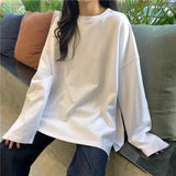 Gwmlk Long T Shirt Spring Autumn Solid Simple Oversized T-shirt for Women Goth T-shirts Split White Black Long Sleeve Tops