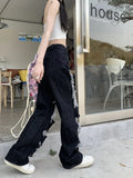 Gwmlk Y2k Washed Mopping Pants Broken Hole Jeans All-Match Distressed Women High Street Hip Hop High Waist Straight Loose Trousers