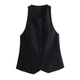 Gwmlk New Launch Women's Back Belt Decoration Black Vest Crop Top Unisex style Single Breasted Slim Thin Waistcoat Coat