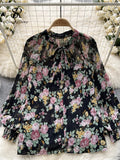 Gwmlk Korean Print Chiffon Shirt Bow Neck Long Sleeves Loose Leopard Top Casual Paisley Vintage Floral Blouse Spring 2024