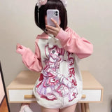 Gwmlk Sweet Cartoon Thin Pink Weatshirts Y2k E-Girl Long Sleeve Zipper Coat Women 2024 New Mid-length Loose Tops Mujer