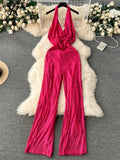 Gwmlk American Senior Sequin Jumpsuit Solid Bodycon Long Romper Fashion Halter Neck Swing Collar Backless Sexy Long Rompers