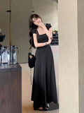 Gwmlk New Summer Waist-fitted Elegant French Style Women's Grey Short Sleeve Tank Dress Long Dress Sexy Dress