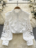 Gwmlk French Style Casual Embroidery Blouse Women Long Sleeves Pearl Shirt Fashion Ruffles Cotton Hollow Out Loose Top