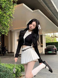 Gwmlk Two Piece Lapel Neck Long Sleeve Knitted Tops Women+ Y2k E-Girl High Waist Ruched Skirts 2024 Spring New Sets