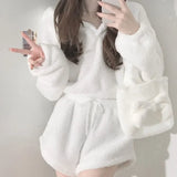 Gwmlk Fluffy Long Sleeve Polar Fleece Hooded Tops Women+ Y2k E-Girl High Waist Shorts 2024 Winter New Two Piece Sets