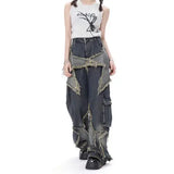 Gwmlk women star stitching tassel pants American retro high street jeans loose wide leg pants trendy punk y2k pants