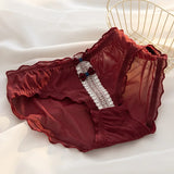 Gwmlk Women's Underwear Panty Sexy Lace Panties Girl Bowknot Wine Red Brief Med Waist Seamless Underpants Female Lingerie Panties