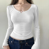 Gwmlk Floral Lace Trim Crop Top White Knitted O Neck Basic Casual T Shirt Women Chic Vintage Full Sleeve Harajuku Tee Autumn