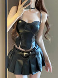 Gwmlk Black Sexy Slim Fit Strapless Tops Women+ Y2k E-Girl High Waist Ruched A-line Skirts 2024 Autumn Leather Two Piece Sets