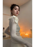 Gwmlk Chinese Style O-neck Flower Beading Tops Women Spring Slim Fit White Pullovers Y2k E-Girl Long Sleeve Sweater Mujer