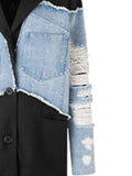 Gwmlk Women's Blazer Notched Collar Patchwork Burrs Edge Denim Broken Holes Loose Suit Jackets 2024 Summer New Fashion LM0107