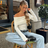 Gwmlk Fashion Women Y2K Off Shoulder Mini Slim Winter Cropped T Shirt Tops 2024 Sexy Streetwear Club Elegant Ribber Tees