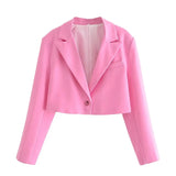 Gwmlk 2024 Women Single Button Pink Crop Blazer Vintage Long Sleeve Lapel Collar Elegant Ladies Office Suit Coat