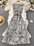 Gwmlk Ethnic Style Print Dress Women Spring New Fashion Puff Sleeve Lace-up Design Sheath 2024 Retro A-Line Long Dress