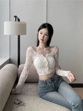 Gwmlk Fairycore Lace Hollow Out Mesh Long Sleeve Cardigan Coat+ Fashion Sexy Slim Fit Vest 2024 Summer New Two Piece Sets