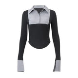 Gwmlk Ladies Stripe Print Patchwork Shirts Fashion Polo-neck Button Skinny Crop Tops Autumn New 2024 Elegant Shirts