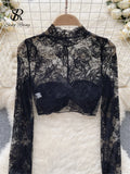 Gwmlk American Sexy Slim Cropped Top Half High Collar Transparent Lace Hook Flower Hollow Fashion Women Streetwear Blouse