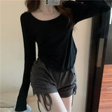 Gwmlk Neck Long Sleeve T-Shirt Women Spring Autumn New Irregular Hem Slim Casual Top Winter Solid Bottom Shirts New Korean