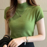 Gwmlk Summer Half Turtleneck Slim Knitted T-shirt Women Elegant Solid Short Sleeve Casual Versatile Pullover Casual Skinny Tops