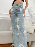 Gwmlk Women's Jeans High Waist Square Diamonds White Feathers Straight Wide Leg Denim Trousers 2024 Summer New Fashion 29L2977