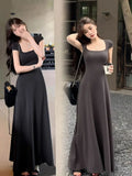 Gwmlk New Summer Waist-fitted Elegant French Style Women's Grey Short Sleeve Tank Dress Long Dress Sexy Dress