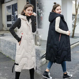 Gwmlk Warm Sleeveless Vest Coat Long Down cotton Jacket Solid Hooded Padded Vests Loose Females Korea Style Winter Clothings