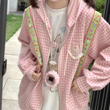 Gwmlk Sweet Pink Plaid Sweatshirts 2024 Spring New Hoodie Tops Mujer Y2k E-Girl Long Sleeve Zipper Cardigan Coat Women