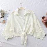 Gwmlk Shirts Women 2024 Summer Half Sleeve Buttoned Up Shirt Loose Casual Blouse Tie Waist Elegant Blouses for Women