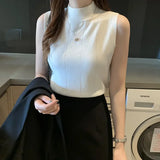 Gwmlk New Summer Korean Knit Elastic Fashion Half Turtleneck Ladies Tops Women Casual Clothes Sleeveless Solid Women Blouse