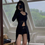 Gwmlk Single Breasted Black Tops Women Summer New Sun Protection Mesh Cardigans Y2k E-Girl Long Sleeve Mid-length Blouses