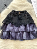 Gwmlk Fashion Sexy Mini Skirt Women Chiffon Ruffled Edge Patchwork Denim Skirts American Vintage A Line Hotsweet Skirt