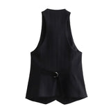 Gwmlk New Launch Women's Back Belt Decoration Black Vest Crop Top Unisex style Single Breasted Slim Thin Waistcoat Coat